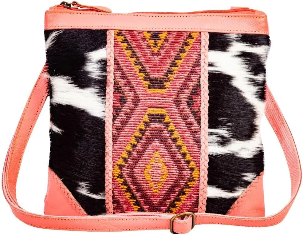 Myra Bag Crossbody Bag for Women - Western Upcycled Hairon Canvas & Leather Shoulder Handbag Pink