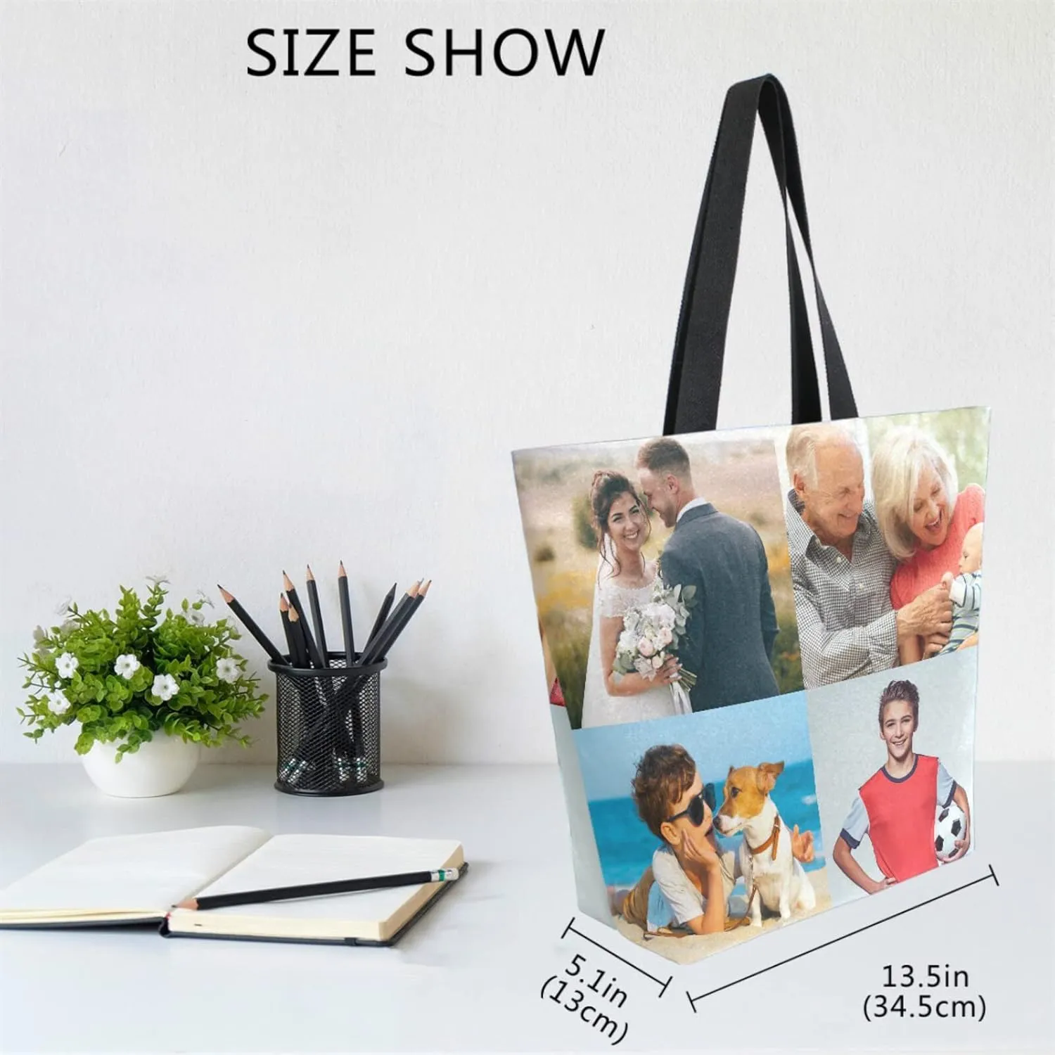 Naanle Personalized Canvas Tote Bag Large Women Casual Shoulder Bag Custom Customized Handbag Reusable Cotton Bag Gift, 4 Photos Collage