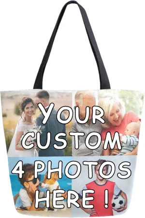 Naanle Personalized Canvas Tote Bag Large Women Casual Shoulder Bag Custom Customized Handbag Reusable Cotton Bag Gift, 4 Photos Collage