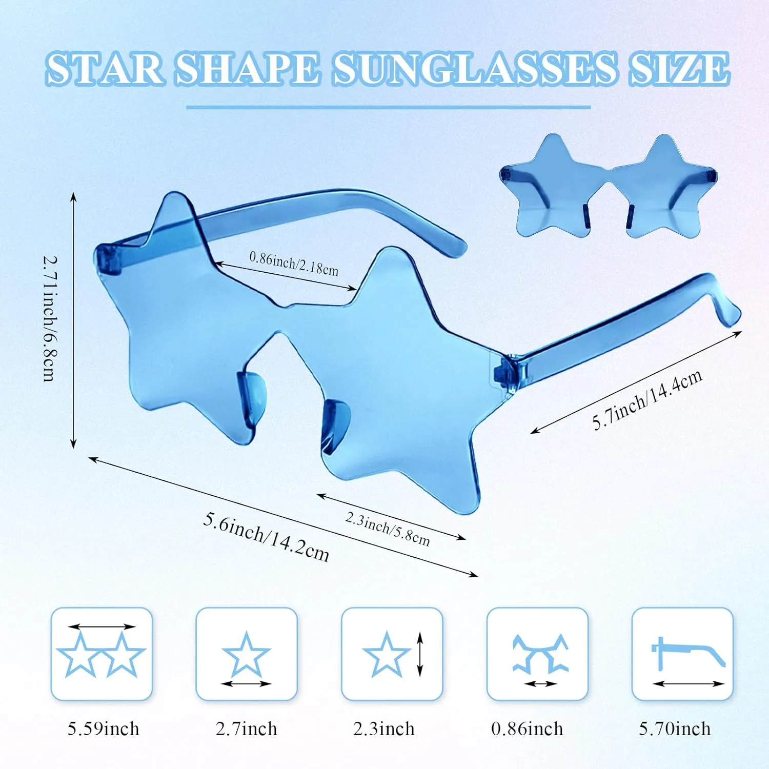 NACHLYNN 24 Pcs Rimless Star Shaped Sunglasses Light Blue Transparent Sunglasses Pentagram Glasses for Party Favor Cosplay