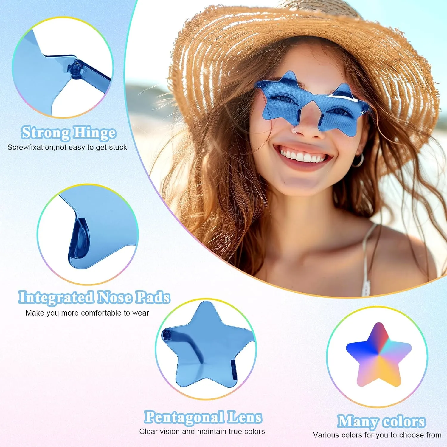 NACHLYNN 24 Pcs Rimless Star Shaped Sunglasses Light Blue Transparent Sunglasses Pentagram Glasses for Party Favor Cosplay