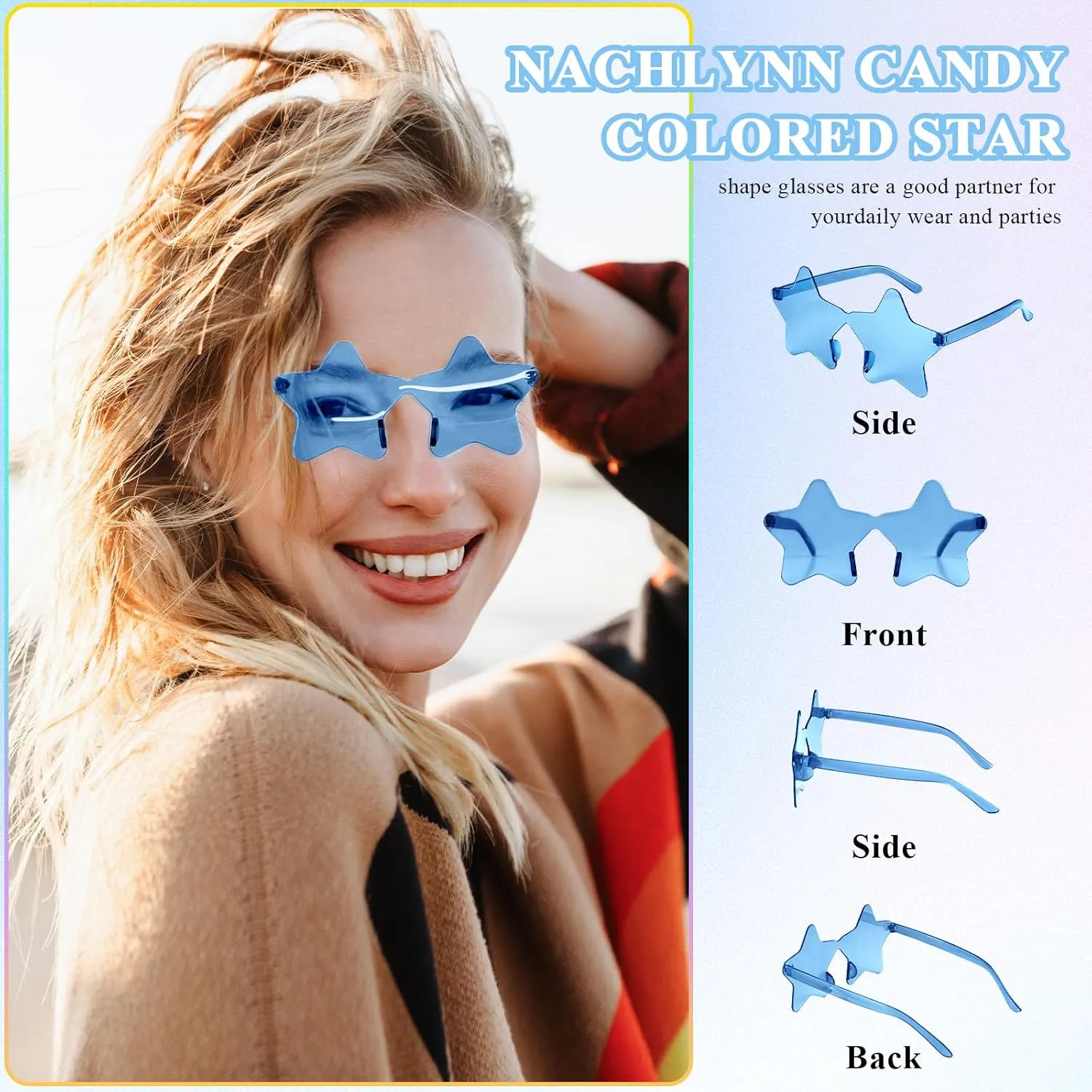 NACHLYNN 24 Pcs Rimless Star Shaped Sunglasses Light Blue Transparent Sunglasses Pentagram Glasses for Party Favor Cosplay