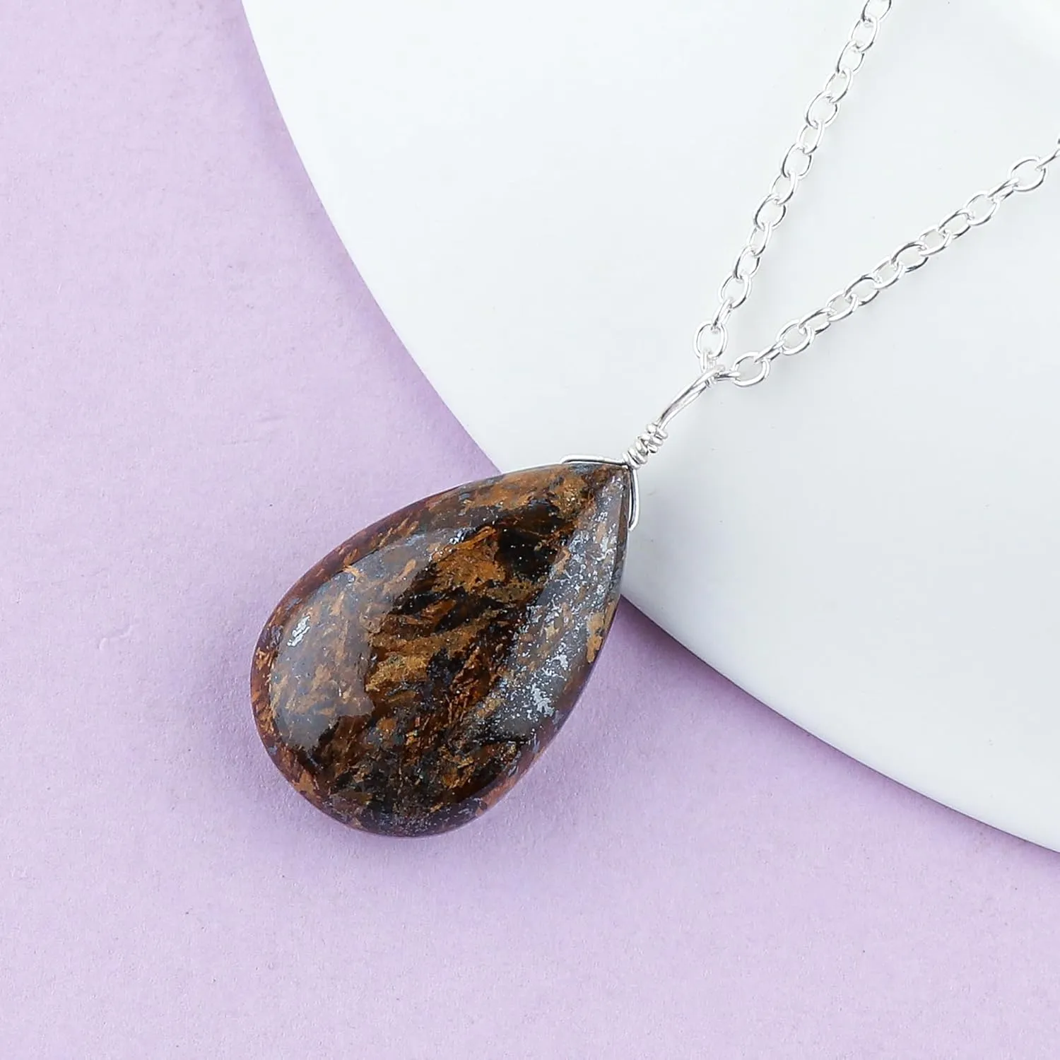 Natural Bronzite Gemstone Pendant Necklace, Polished Stones, Silve Plated, Handcrafted Designer Jewelry, Chakra Healing Crystal, Adjustable Chain, Gift for Women, SIze 18inch