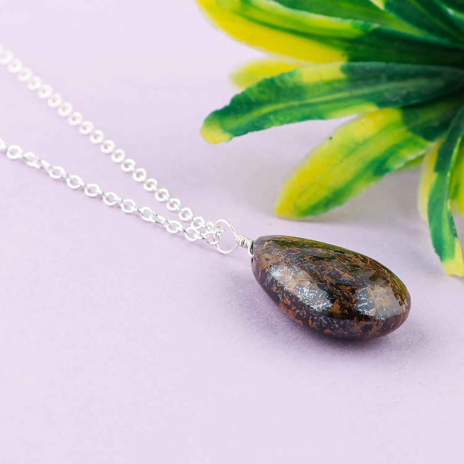 Natural Bronzite Gemstone Pendant Necklace, Polished Stones, Silve Plated, Handcrafted Designer Jewelry, Chakra Healing Crystal, Adjustable Chain, Gift for Women, SIze 18inch
