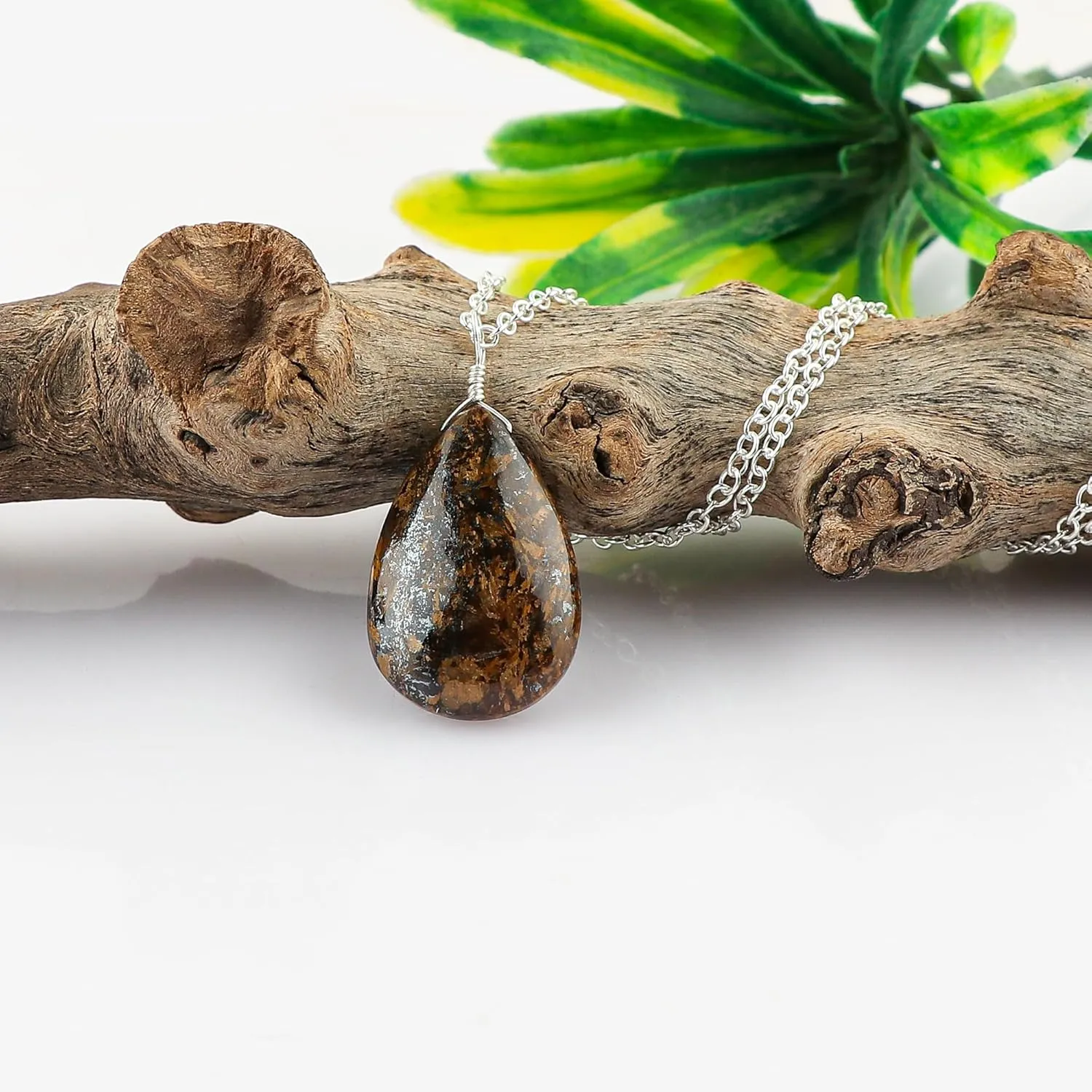 Natural Bronzite Gemstone Pendant Necklace, Polished Stones, Silve Plated, Handcrafted Designer Jewelry, Chakra Healing Crystal, Adjustable Chain, Gift for Women, SIze 18inch