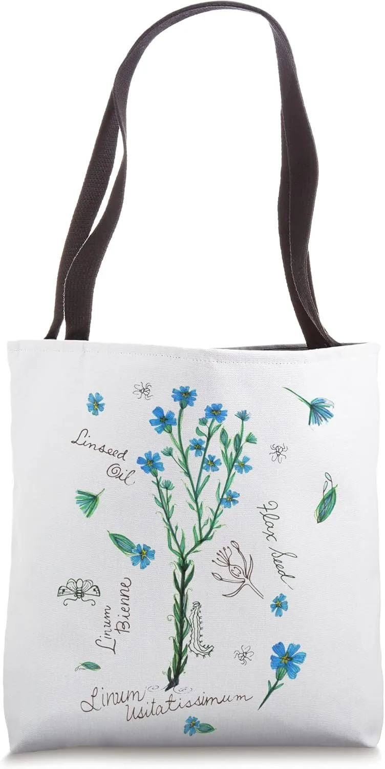 Natural Flax Seed Flowers Herb Field Botanical Stems Names Tote Bag