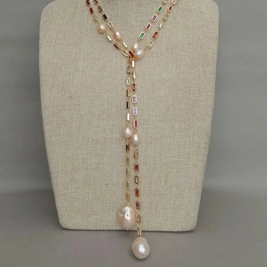Natural  Keshi Pearl Baroque pearl pendant & CZ Pave Long Chain Necklace