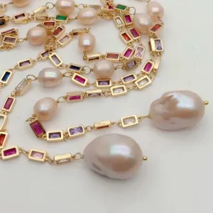 Natural  Keshi Pearl Baroque pearl pendant & CZ Pave Long Chain Necklace