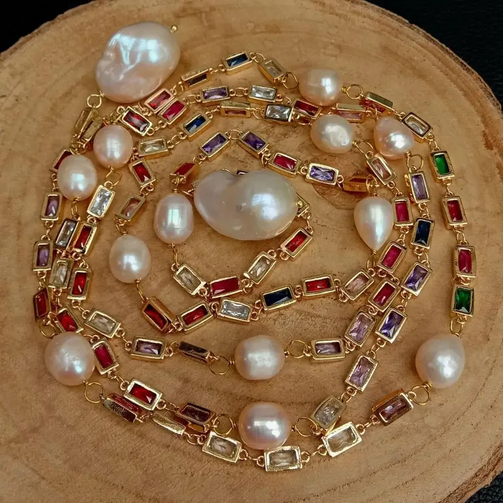 Natural  Keshi Pearl Baroque pearl pendant & CZ Pave Long Chain Necklace