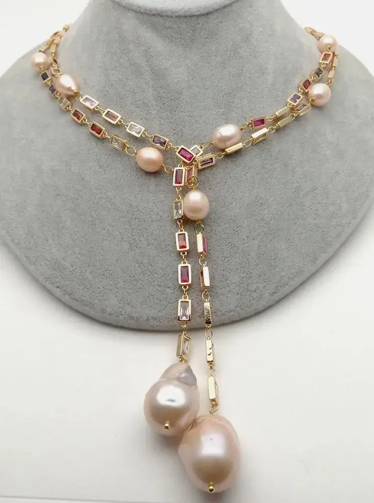 Natural  Keshi Pearl Baroque pearl pendant & CZ Pave Long Chain Necklace