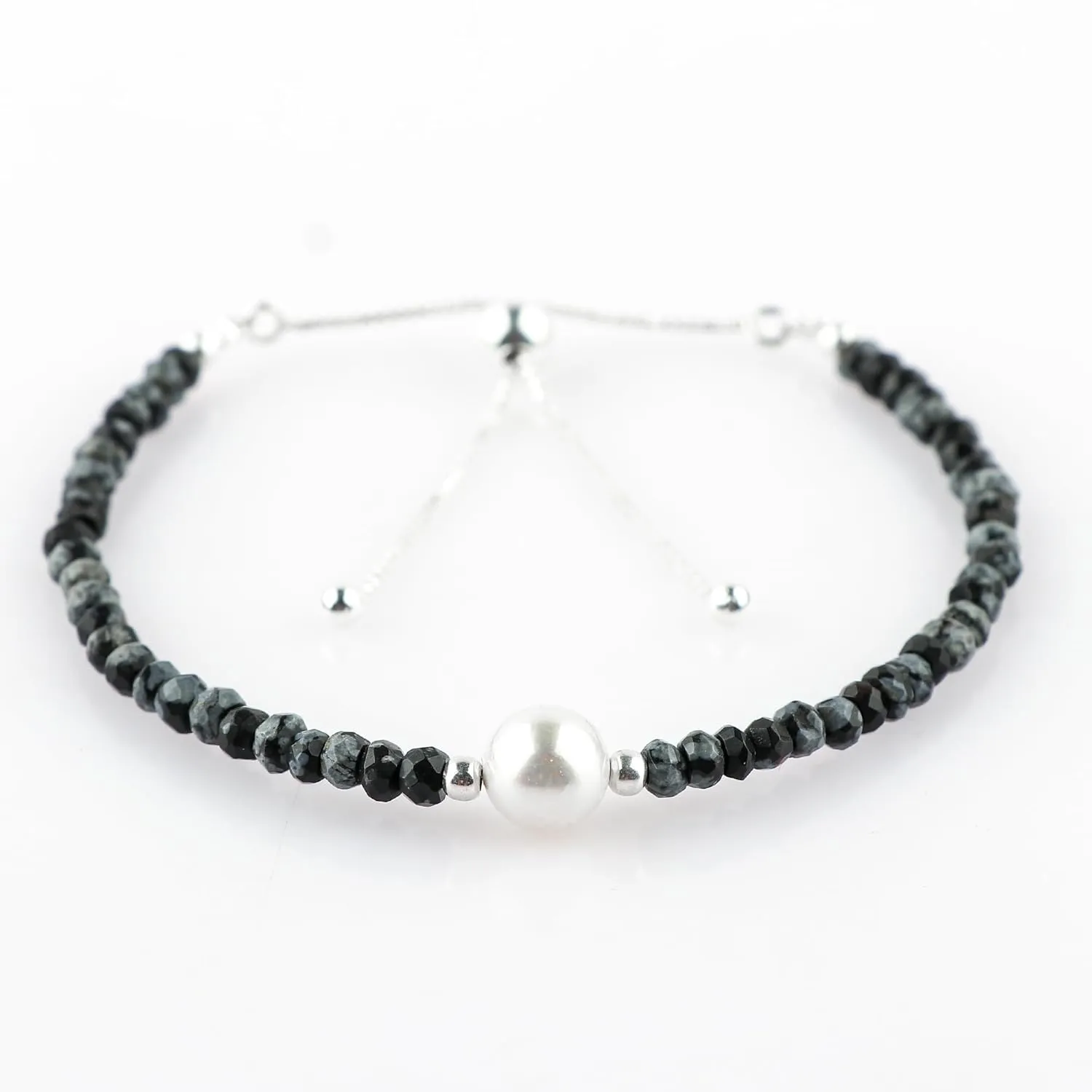 Natural Snowflake Obsidian Gemstones Bolo Bracelet | Cultured Pearl Beads | Handmade Beaded Jewelry | Adjustable Silver Chain | Healing Crystal | Gift for Women | 10inch