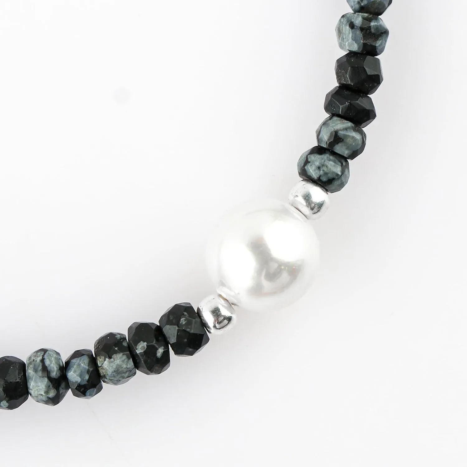 Natural Snowflake Obsidian Gemstones Bolo Bracelet | Cultured Pearl Beads | Handmade Beaded Jewelry | Adjustable Silver Chain | Healing Crystal | Gift for Women | 10inch