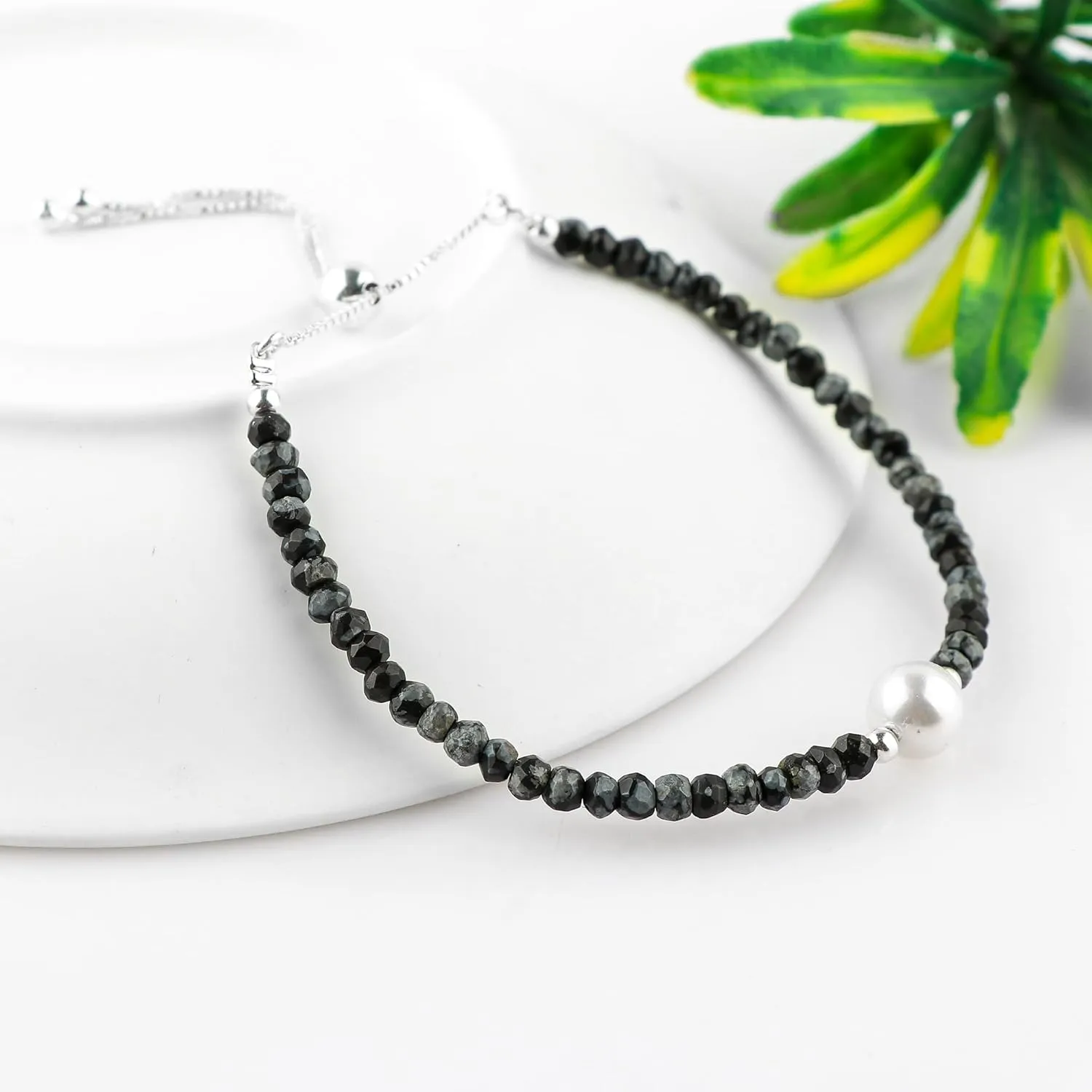 Natural Snowflake Obsidian Gemstones Bolo Bracelet | Cultured Pearl Beads | Handmade Beaded Jewelry | Adjustable Silver Chain | Healing Crystal | Gift for Women | 10inch