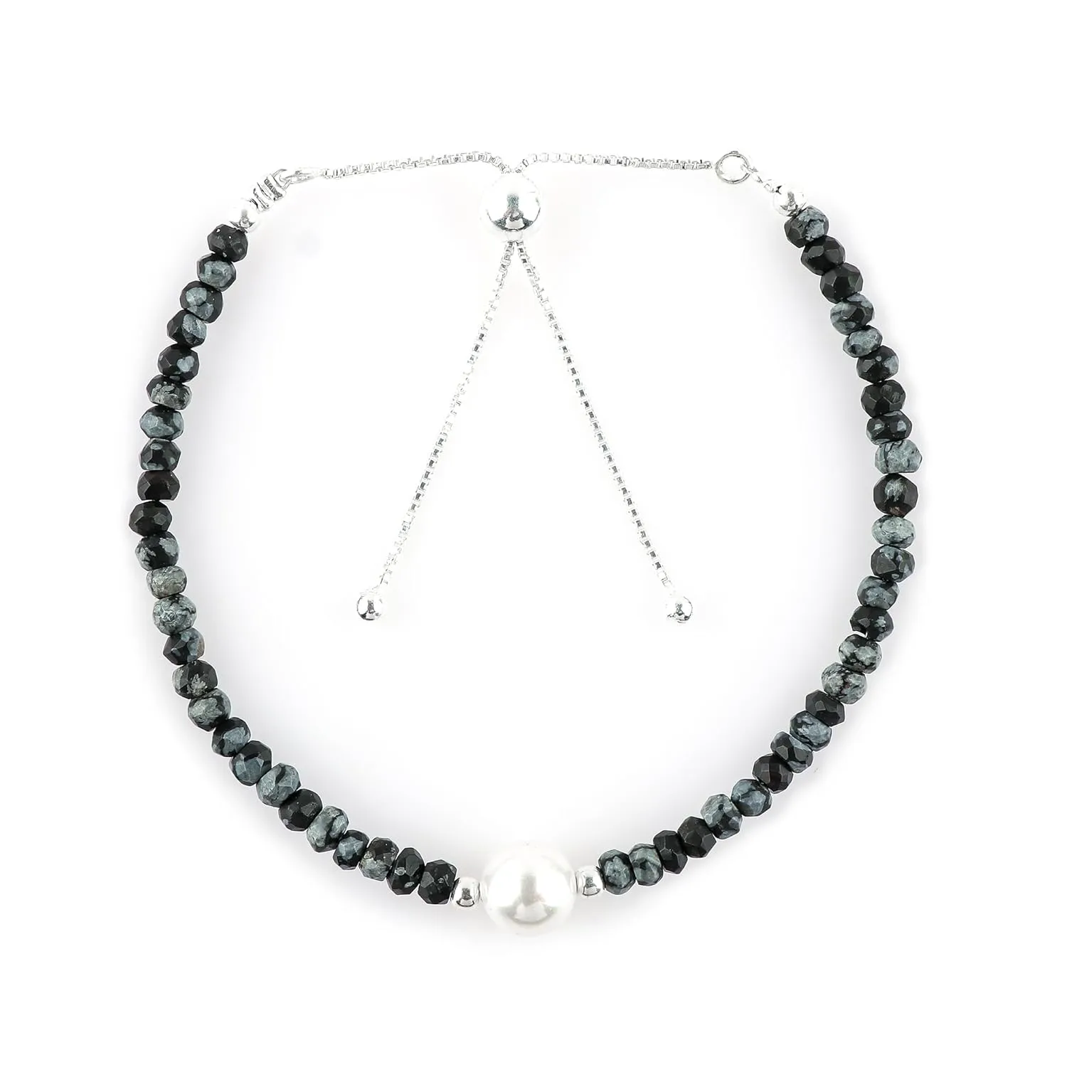 Natural Snowflake Obsidian Gemstones Bolo Bracelet | Cultured Pearl Beads | Handmade Beaded Jewelry | Adjustable Silver Chain | Healing Crystal | Gift for Women | 10inch