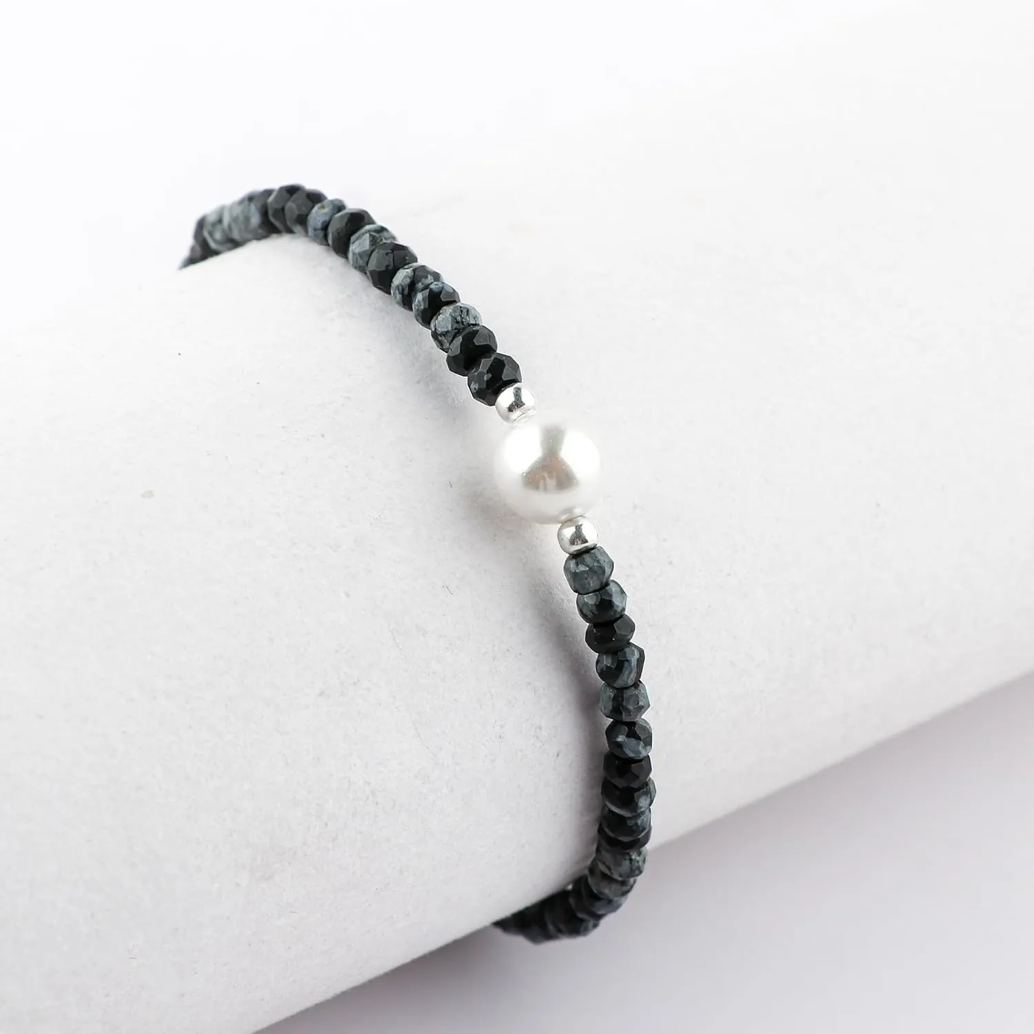 Natural Snowflake Obsidian Gemstones Bolo Bracelet | Cultured Pearl Beads | Handmade Beaded Jewelry | Adjustable Silver Chain | Healing Crystal | Gift for Women | 10inch
