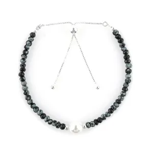 Natural Snowflake Obsidian Gemstones Bolo Bracelet | Cultured Pearl Beads | Handmade Beaded Jewelry | Adjustable Silver Chain | Healing Crystal | Gift for Women | 10inch