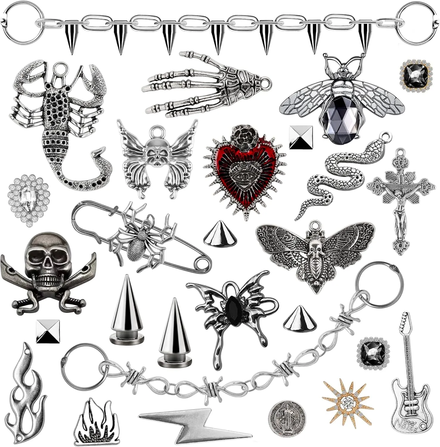 Neng-Q Bling Shoes Charms 30pcs Gothic Y2k Diamond Shoe Decoration with Chains,Spikes Accessories for Men Women Biker