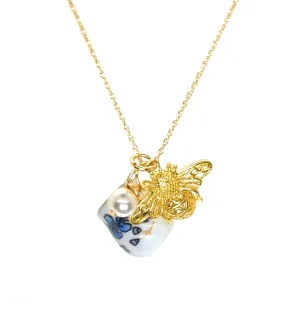 NEW! Gorgeous Porcelain Bee Tea Charm Necklace with Tea Charm, Gold Bee Charm and Crystal Pearl Charm on 18 inch 14k Gold Necklace, by Aimee Tresor