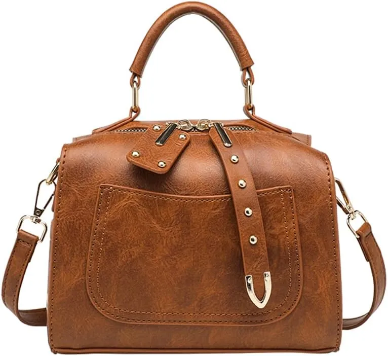 Newchic Small Boston Bag PU Leather Crossbody Bags for Women Gothic Rivet Top Handle Satchel Handbag and Purse