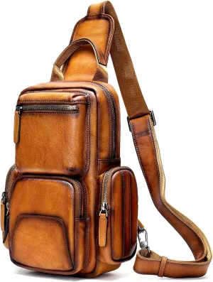 NIUCUNZH Genuine Leather Sling Bag Vintage Handmade Crossbody Bags Shoulder Backpack Hiking Daypack Travel Pack Brown