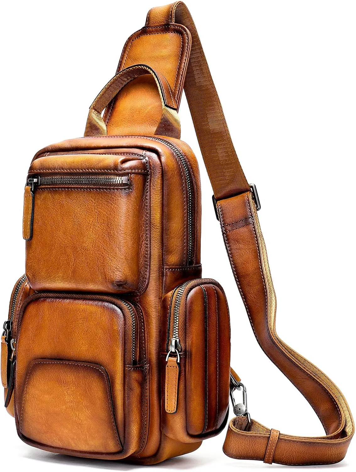 NIUCUNZH Genuine Leather Sling Bag Vintage Handmade Crossbody Bags Shoulder Backpack Hiking Daypack Travel Pack Brown