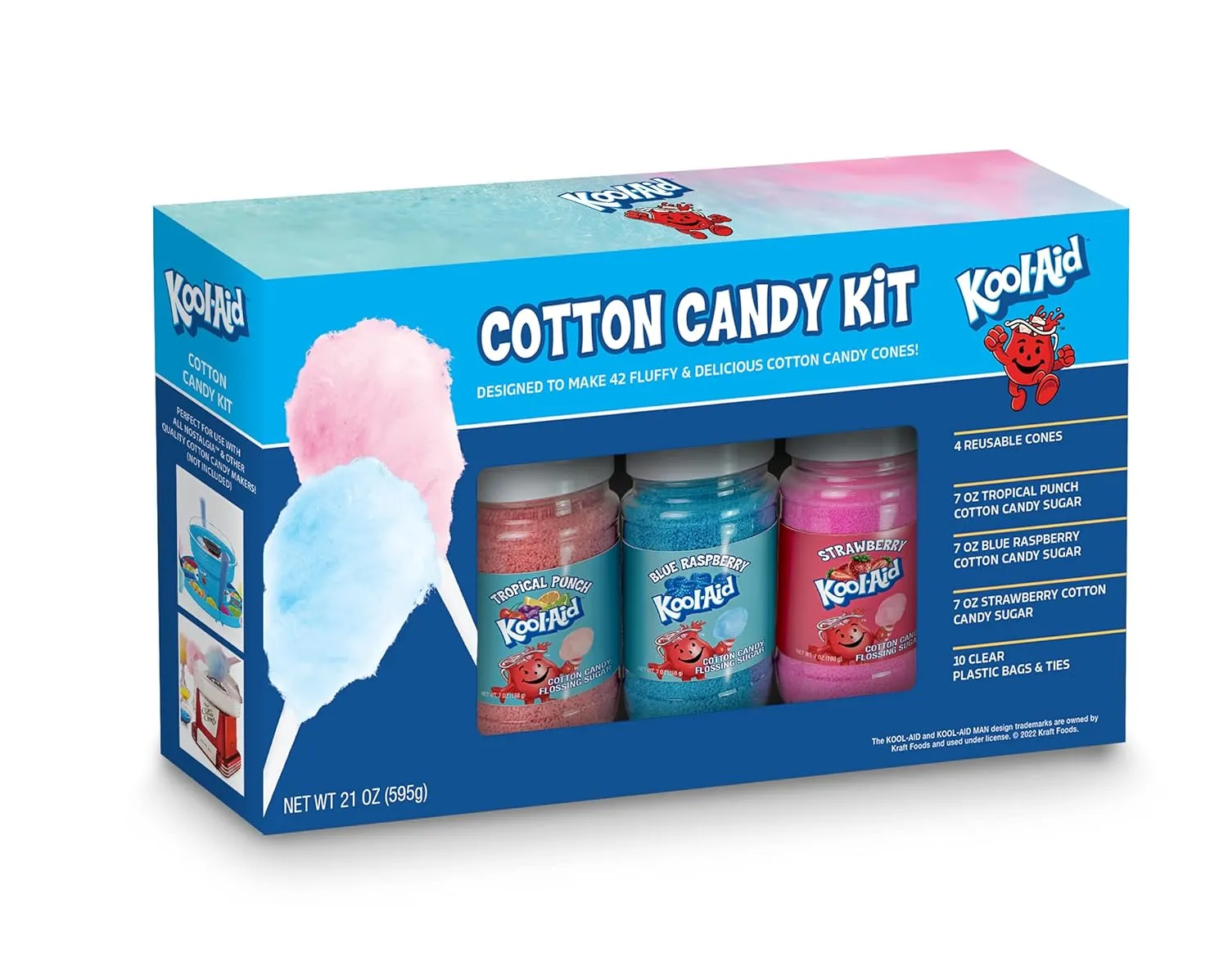 Nostalgia Kool-Aid Cotton Candy Flossing Sugar Party Kit 3-Pack, Blue Raspberry, Strawberry, Tropical Punch, 3-16 oz bottles - 48 total ounces - Bottles of Cotton Candy Sugar Mix
