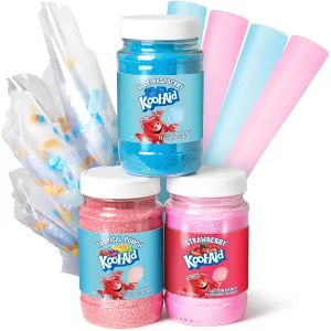 Nostalgia Kool-Aid Cotton Candy Flossing Sugar Party Kit 3-Pack, Blue Raspberry, Strawberry, Tropical Punch, 3-16 oz bottles - 48 total ounces - Bottles of Cotton Candy Sugar Mix