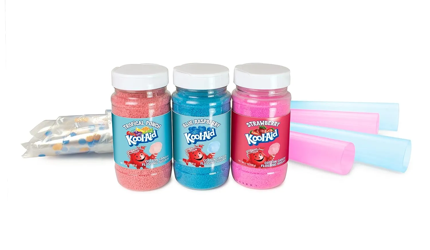 Nostalgia Kool-Aid Cotton Candy Flossing Sugar Party Kit 3-Pack, Blue Raspberry, Strawberry, Tropical Punch, 3-16 oz bottles - 48 total ounces - Bottles of Cotton Candy Sugar Mix