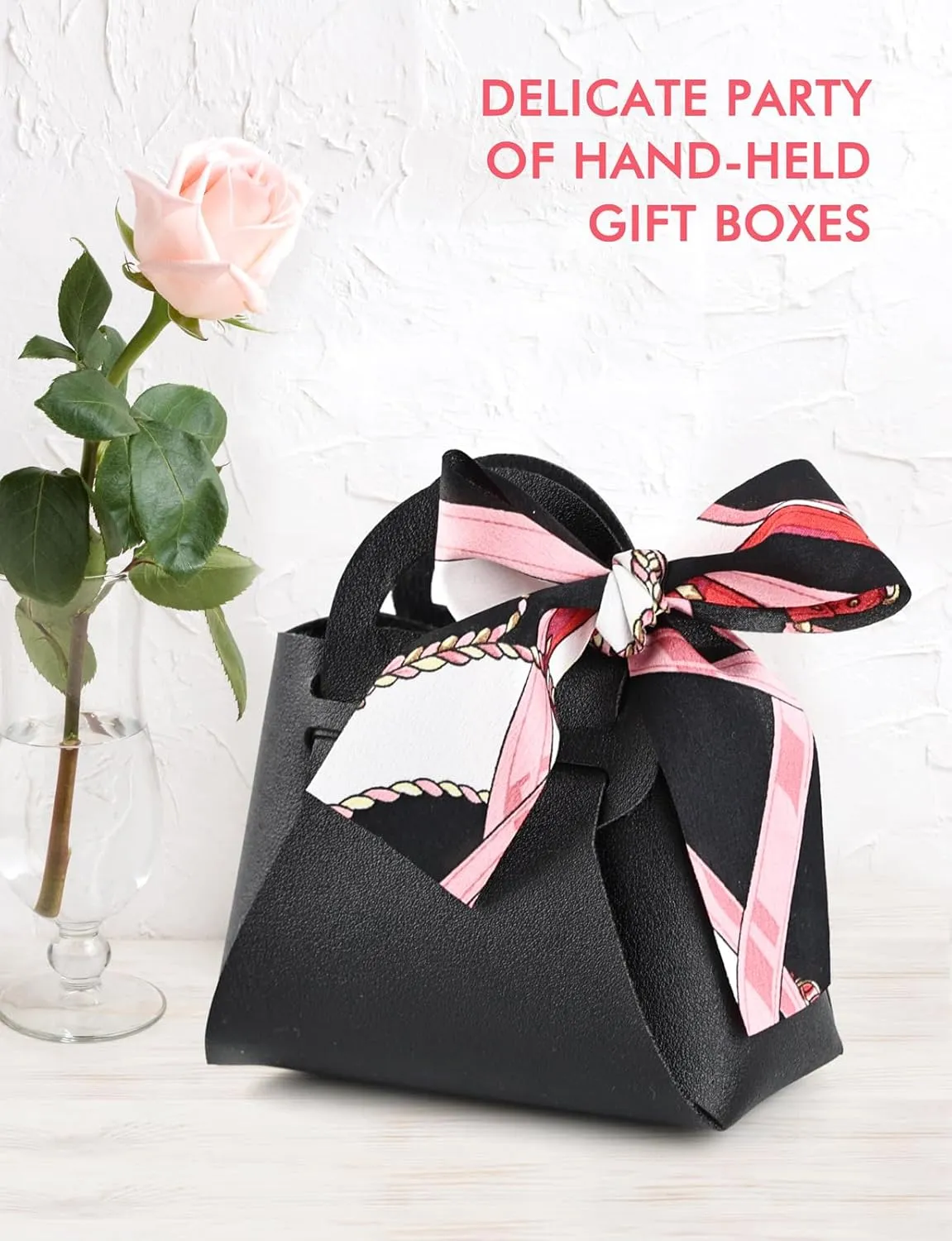NOWDER 12 Pack Leather Wedding Candy Gift Bags with Handle Reusable Party Favor Boxes for Baby Showers Birthday Christmas Halloween Easter (Black)