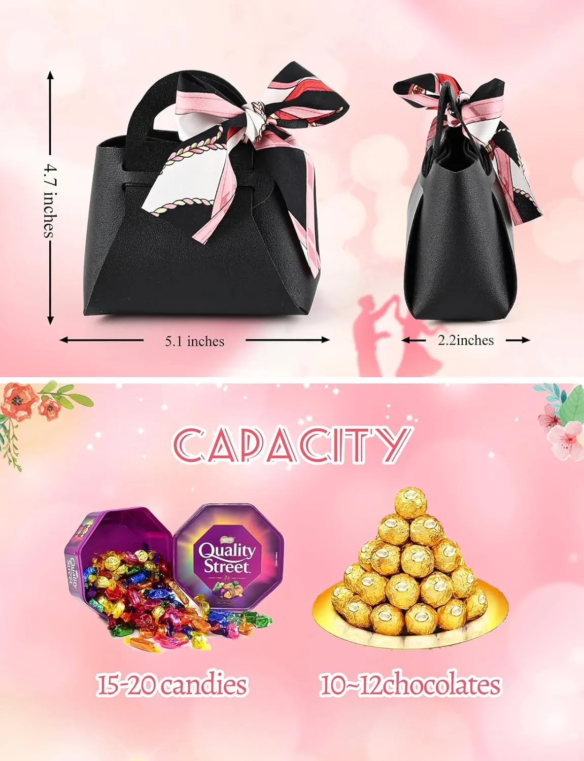 NOWDER 12 Pack Leather Wedding Candy Gift Bags with Handle Reusable Party Favor Boxes for Baby Showers Birthday Christmas Halloween Easter (Black)