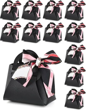 NOWDER 12 Pack Leather Wedding Candy Gift Bags with Handle Reusable Party Favor Boxes for Baby Showers Birthday Christmas Halloween Easter (Black)