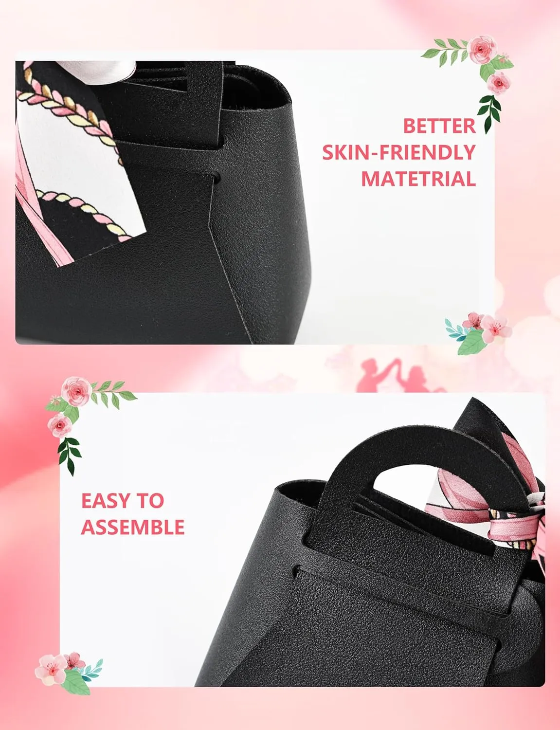 NOWDER 12 Pack Leather Wedding Candy Gift Bags with Handle Reusable Party Favor Boxes for Baby Showers Birthday Christmas Halloween Easter (Black)