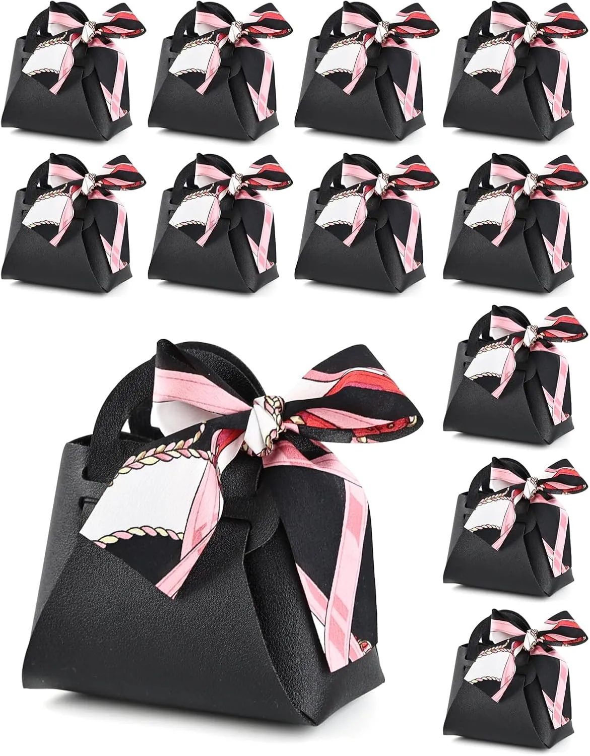 NOWDER 12 Pack Leather Wedding Candy Gift Bags with Handle Reusable Party Favor Boxes for Baby Showers Birthday Christmas Halloween Easter (Black)