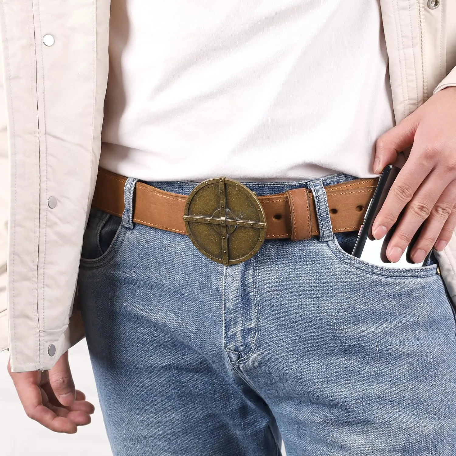 NPET Men's Full Grain Leather Belt Vintage Distressed Style with Snap-On Strap 1 1/2" Wide without Buckle