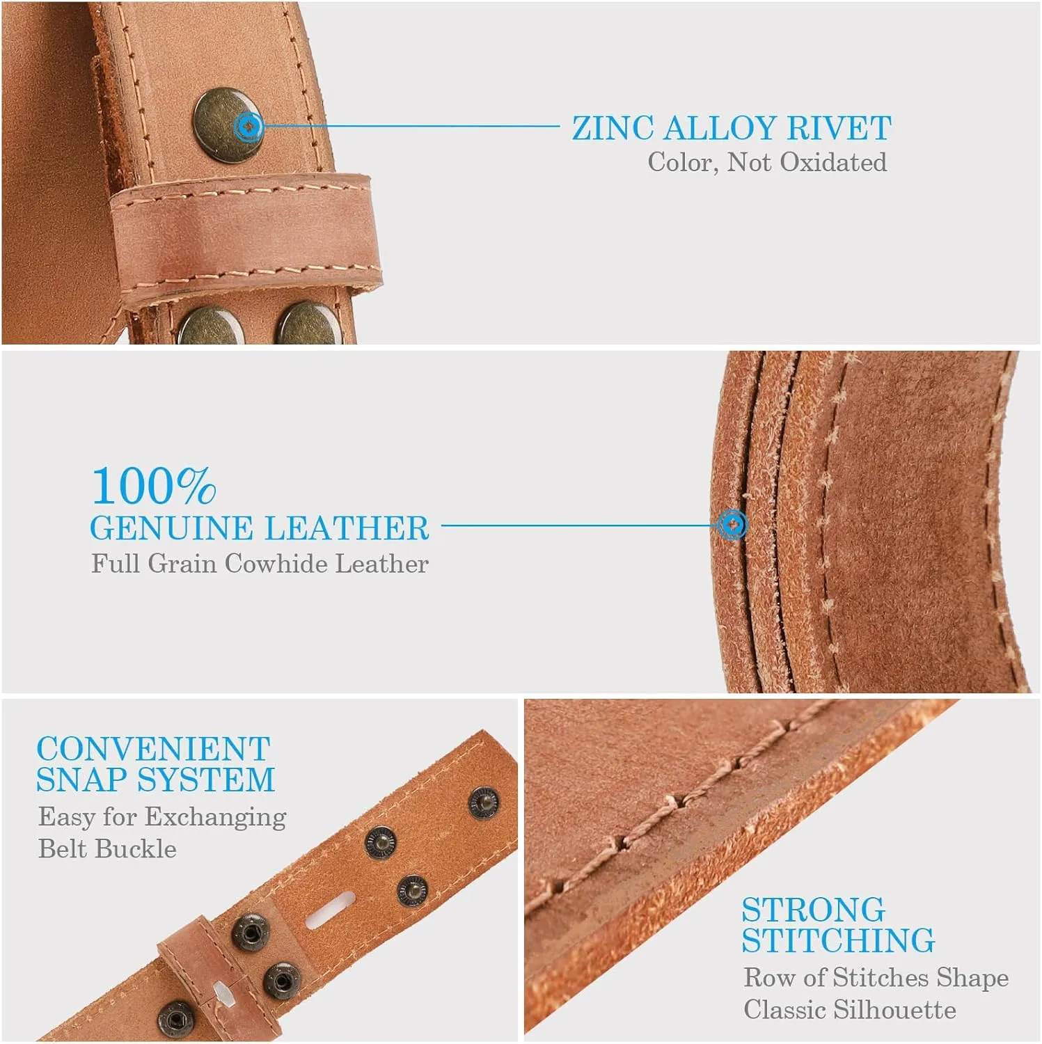 NPET Men's Full Grain Leather Belt Vintage Distressed Style with Snap-On Strap 1 1/2" Wide without Buckle
