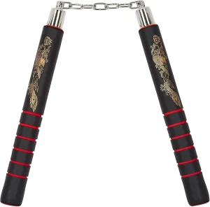 Nunchucku Safe Foam Rubber Childrens Adults - Deluxe Black Nunchucks with Red Grip Design - 12"
