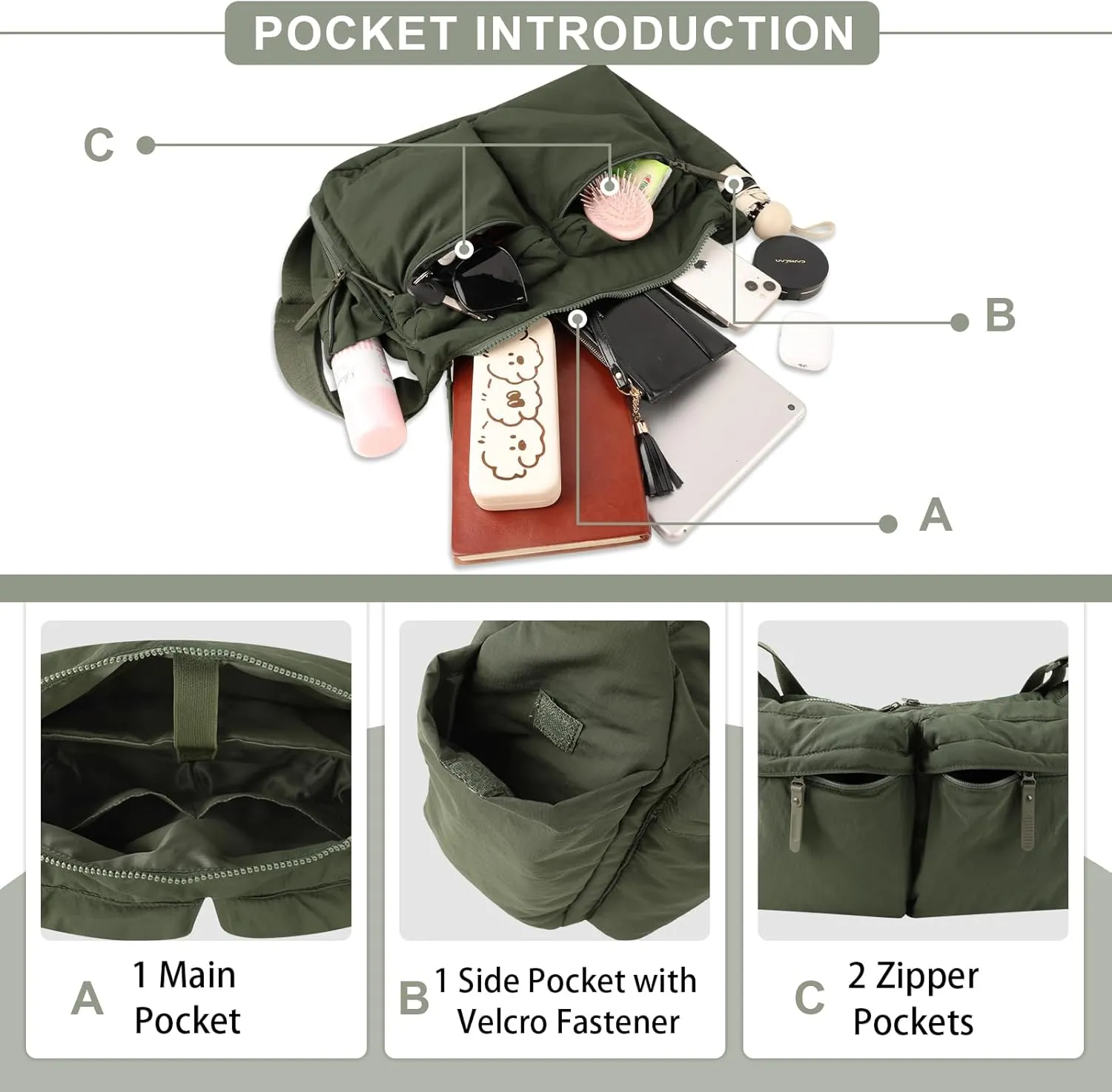 Nylon Crossbody Messenger Bag for School, Women Large Shoulder Bag Hobo Tote Bag Lightweight Computer Crossbody Bag