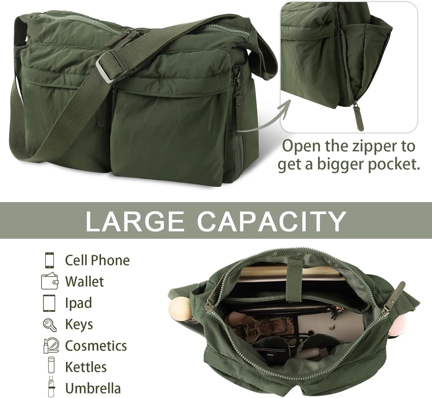 Nylon Crossbody Messenger Bag for School, Women Large Shoulder Bag Hobo Tote Bag Lightweight Computer Crossbody Bag