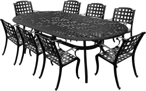 Oakland Living 1025-1048(8)-LBK Modern Outdoor Mesh Lattice Aluminum 95-in Large Black Oval Patio Eight Arm Chairs Dining Set
