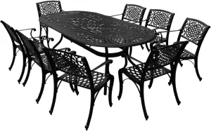 Oakland Living 1025-2777(8)-LBK Modern Outdoor Mesh Lattice Aluminum 95-in Large Black Oval Patio Eight Arm Chairs Dining Set