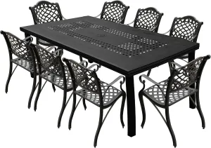 Oakland Living 1057-1059(8)-LBK Modern Outdoor Mesh Lattice Aluminum 95-in Black Large Rectangular Patio Eight Arm Chairs Dining Set