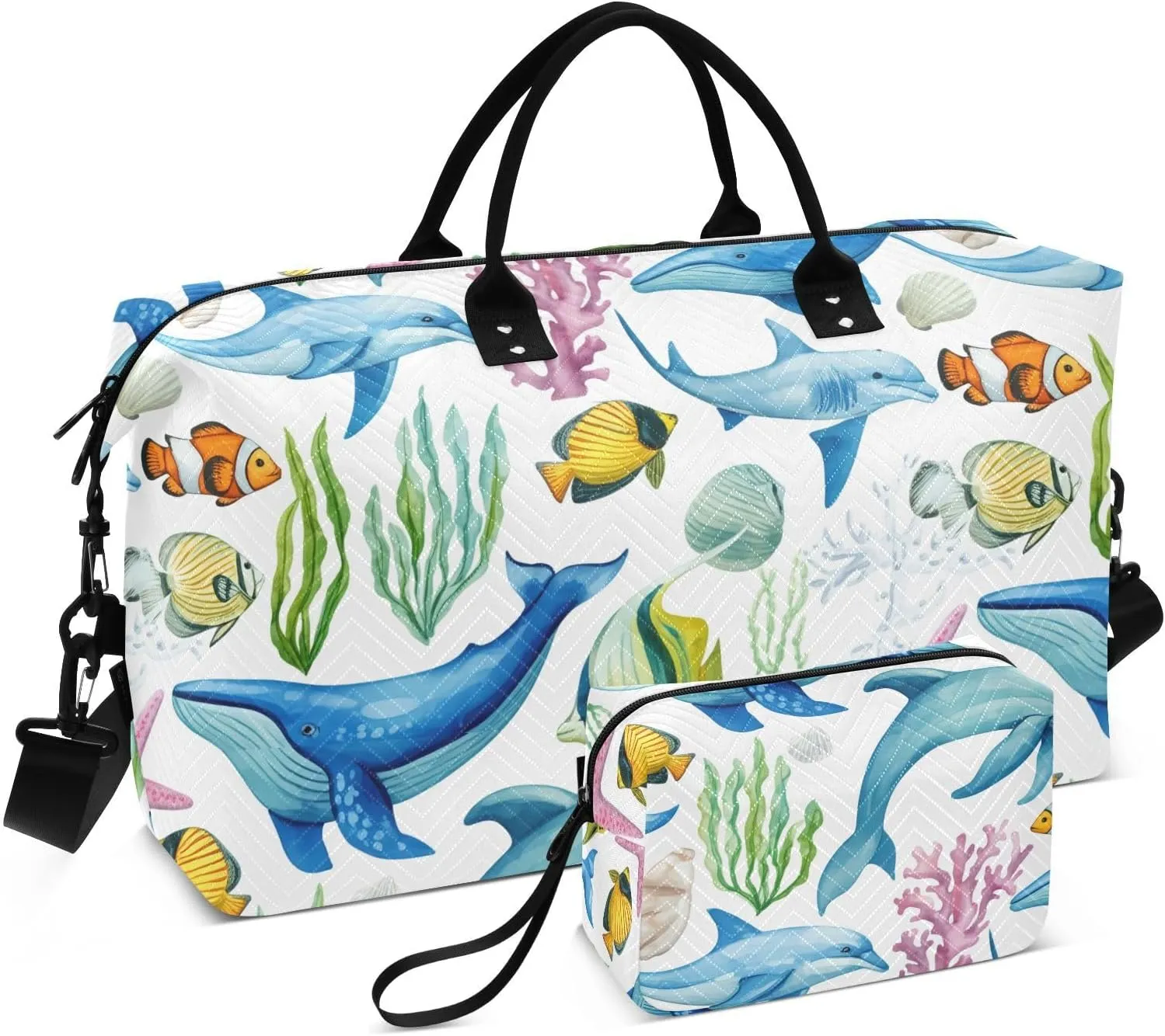 Ocean Whale Dolphin White Sports Gym Bag for Women Men Travel Duffel Bag Weekend Overnight Carry on Bag with Toiletry Bag Yoga Bag for Plane Hospital Workout Swimming Yoga