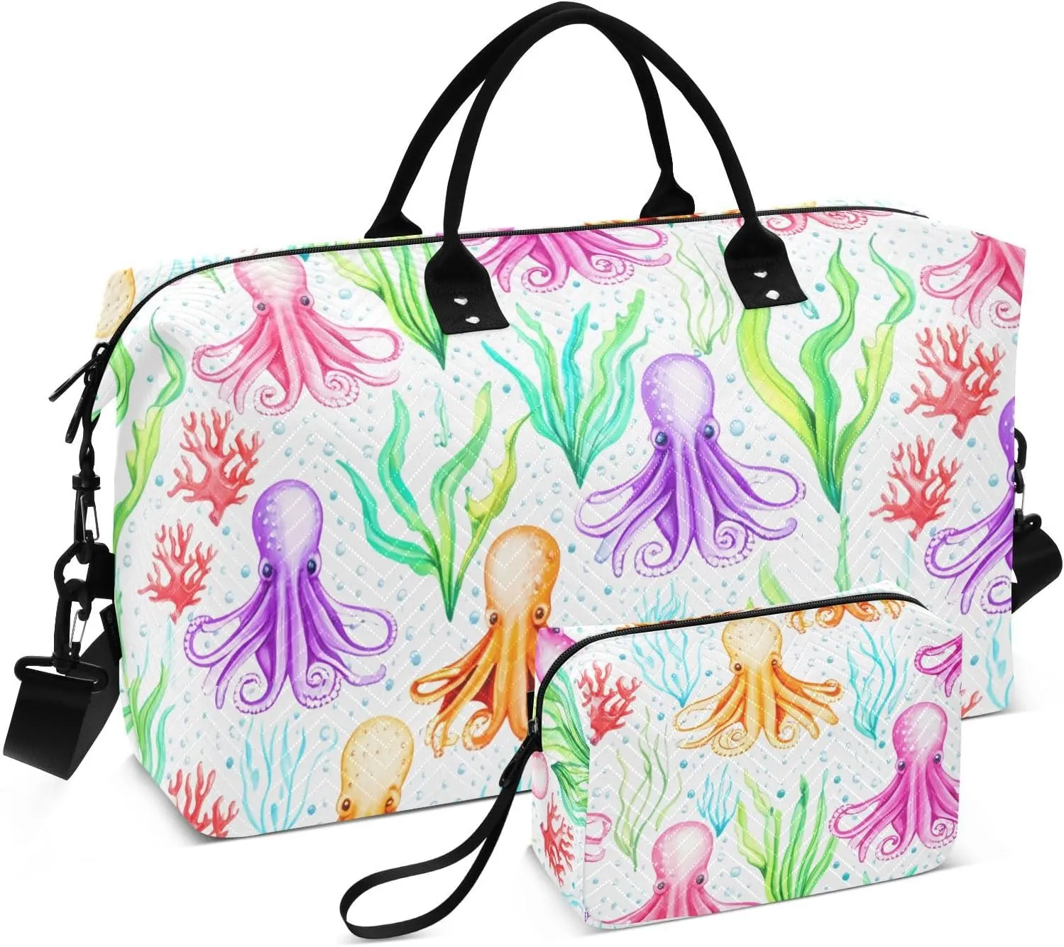 Octopus Seaweed Bubbles White Sports Gym Bag for Women Men Travel Duffel Bag Weekend Overnight Carry on Bag with Toiletry Bag Yoga Bag for Workout Swimming Yoga Plane Hospital