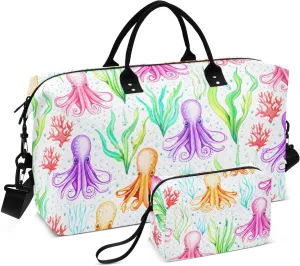 Octopus Seaweed Bubbles White Sports Gym Bag for Women Men Travel Duffel Bag Weekend Overnight Carry on Bag with Toiletry Bag Yoga Bag for Workout Swimming Yoga Plane Hospital