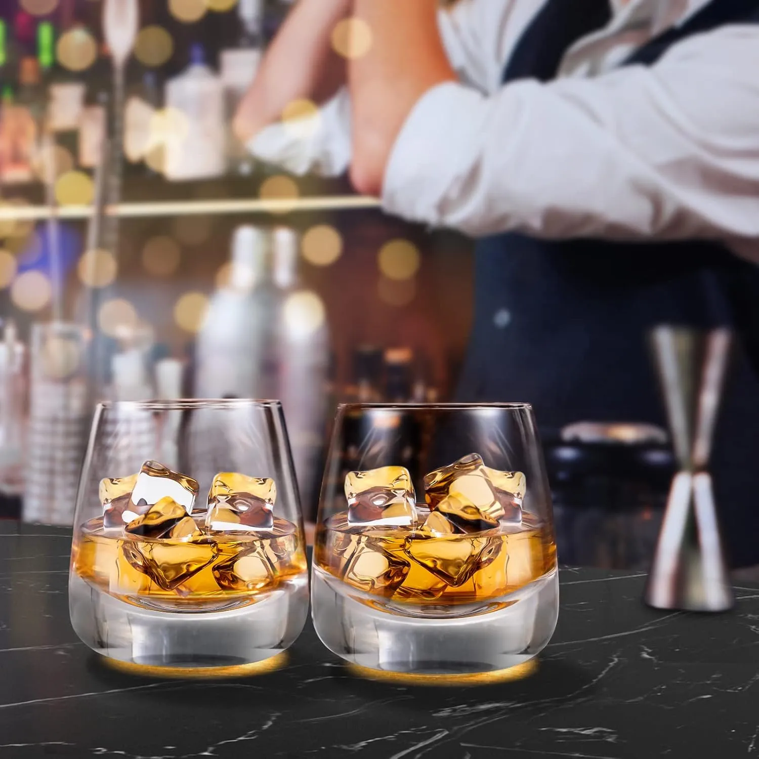 Ohnijialit Crystal Whiskey Glasses Premium 10 OZ Old Fashioned Cocktails Glasses-Thick Weighted Bottom Rocks Glasses Hand Blown Scotch Glasses Perfect for Cocktail, Bourbon, Scotch Manhattans (4 Pcs)