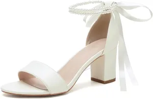 Open Toe Pearl Wedding Shoes for Bride High Heels Bridal Shoes Chunky Block Heels with Bow