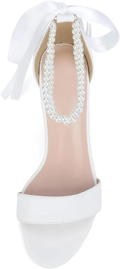 Open Toe Pearl Wedding Shoes for Bride High Heels Bridal Shoes Chunky Block Heels with Bow