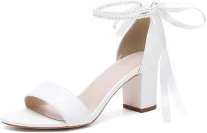 Open Toe Pearl Wedding Shoes for Bride High Heels Bridal Shoes Chunky Block Heels with Bow