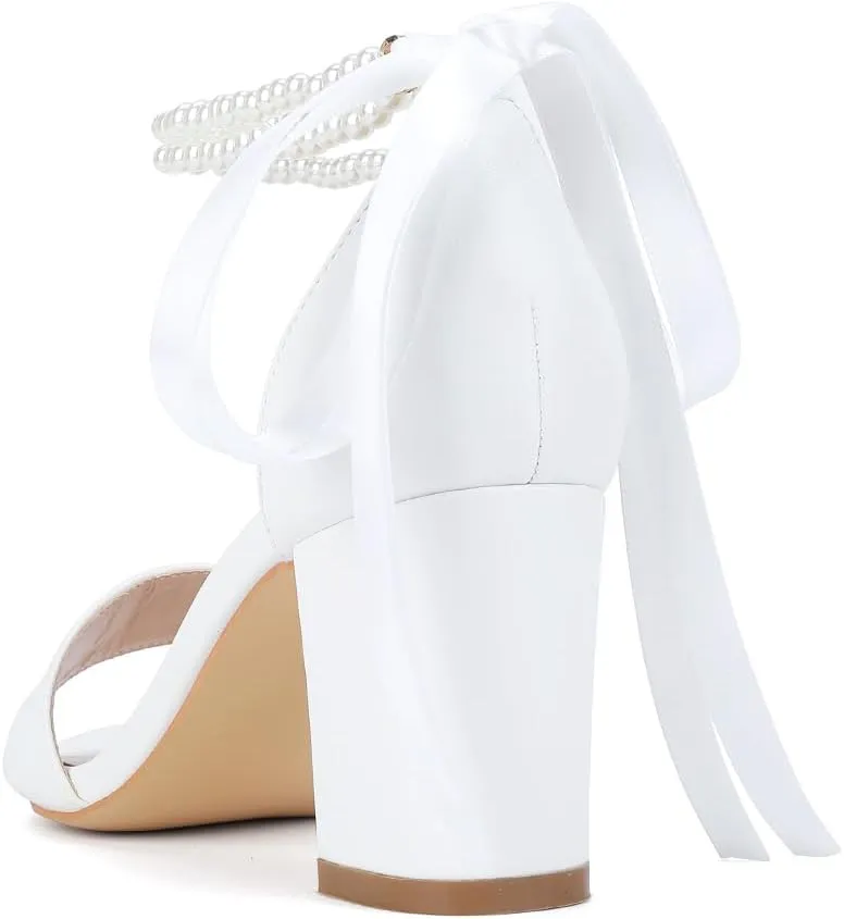 Open Toe Pearl Wedding Shoes for Bride High Heels Bridal Shoes Chunky Block Heels with Bow