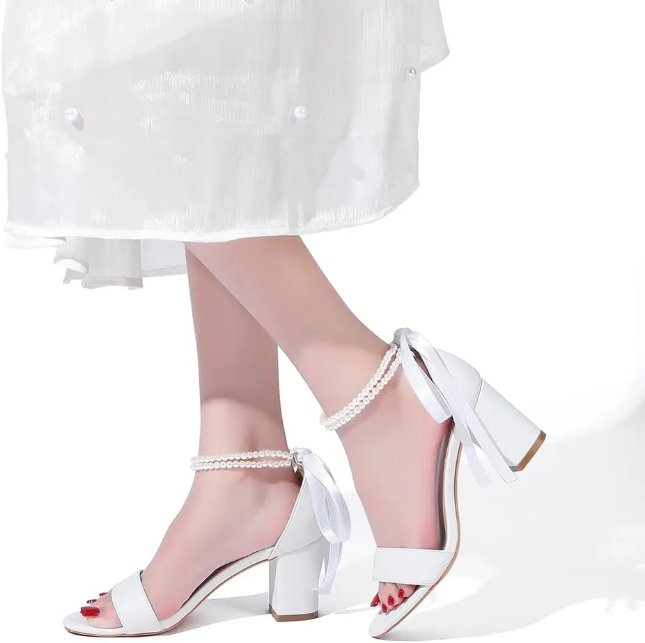 Open Toe Pearl Wedding Shoes for Bride High Heels Bridal Shoes Chunky Block Heels with Bow